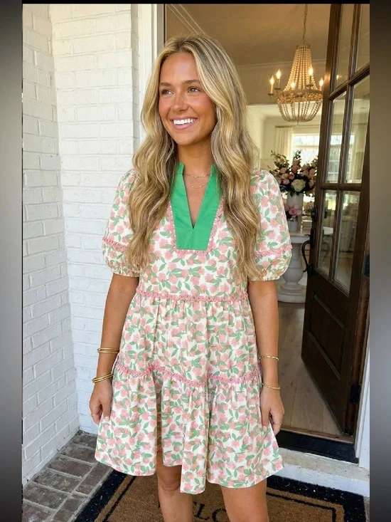 LA Society Green Missy Ricrac Trim Floral Puff Sleeve Dress - Picture 3 of 4